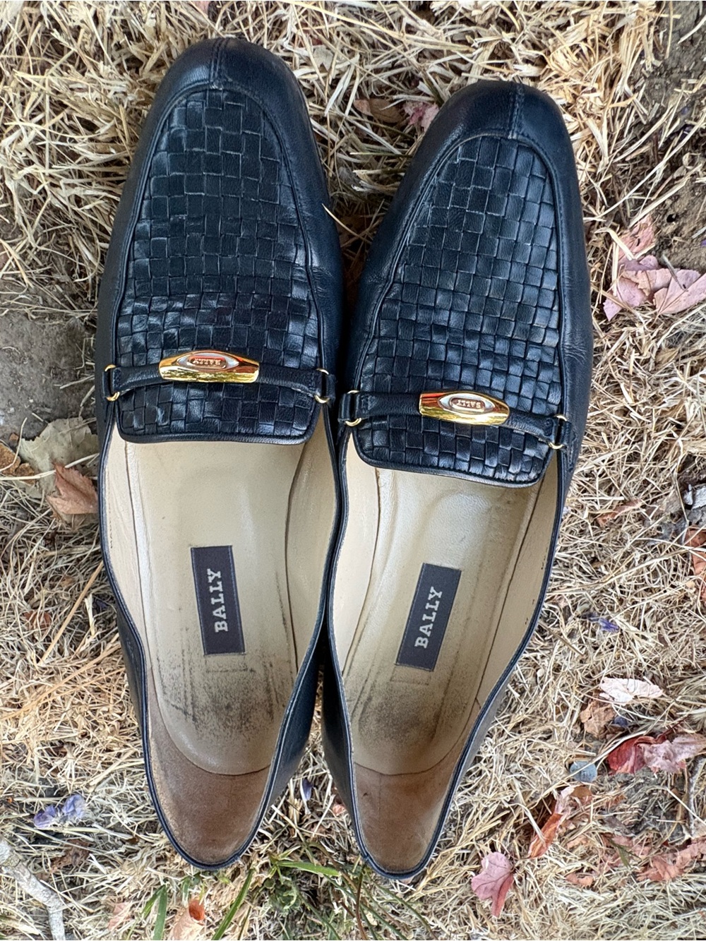 Bally Black Woven Leather Loafers with Gold Accent